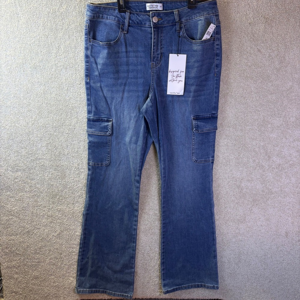 Vanilla Star Cargo Bootcut Jeans Women 14W (33x32) Blue Denim Mid Rise Flare NEW